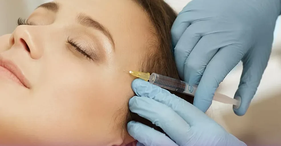 خانمی که خوابیده و دستان  دکتری که دستکش آبی دارد و در حال تزریق ژل در ناحیه شقیقه فرد است