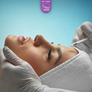 Girl with a white hat and medical hands holding a syringe in his hand and injecting into the forehead of Botox girl - Botox Injection Line