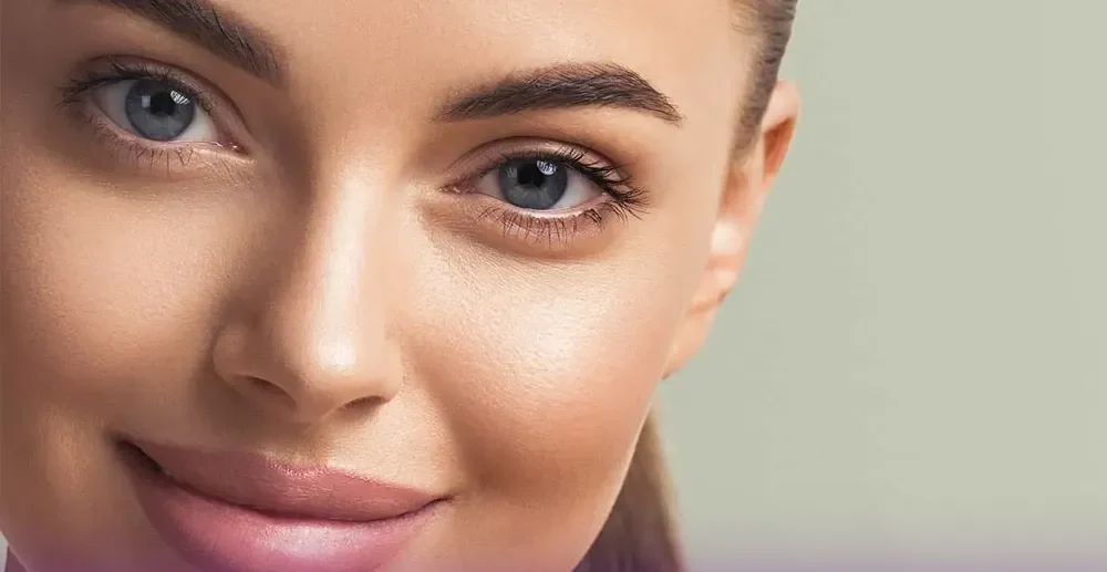 زنی خوشحال که با چشمان طوسی اش به رو به رو نگاه میکند