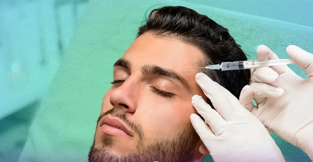 مردی که چشم های خود را بسته و دستان دکتری که در حال تزریق بوتاکس به پیشانی او است