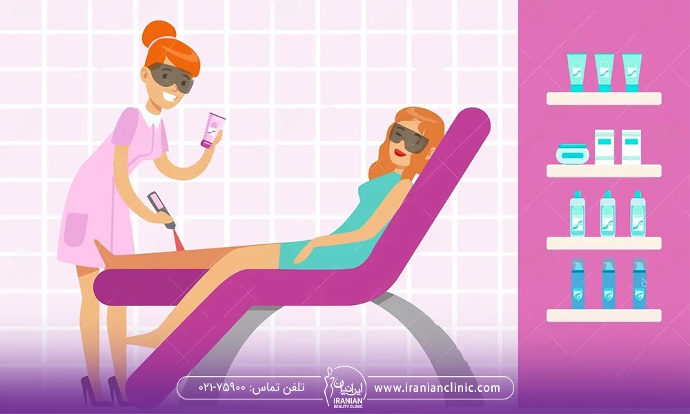 وکتور زن که روی تخت است و اپراتور بدن او را لیزر می کند