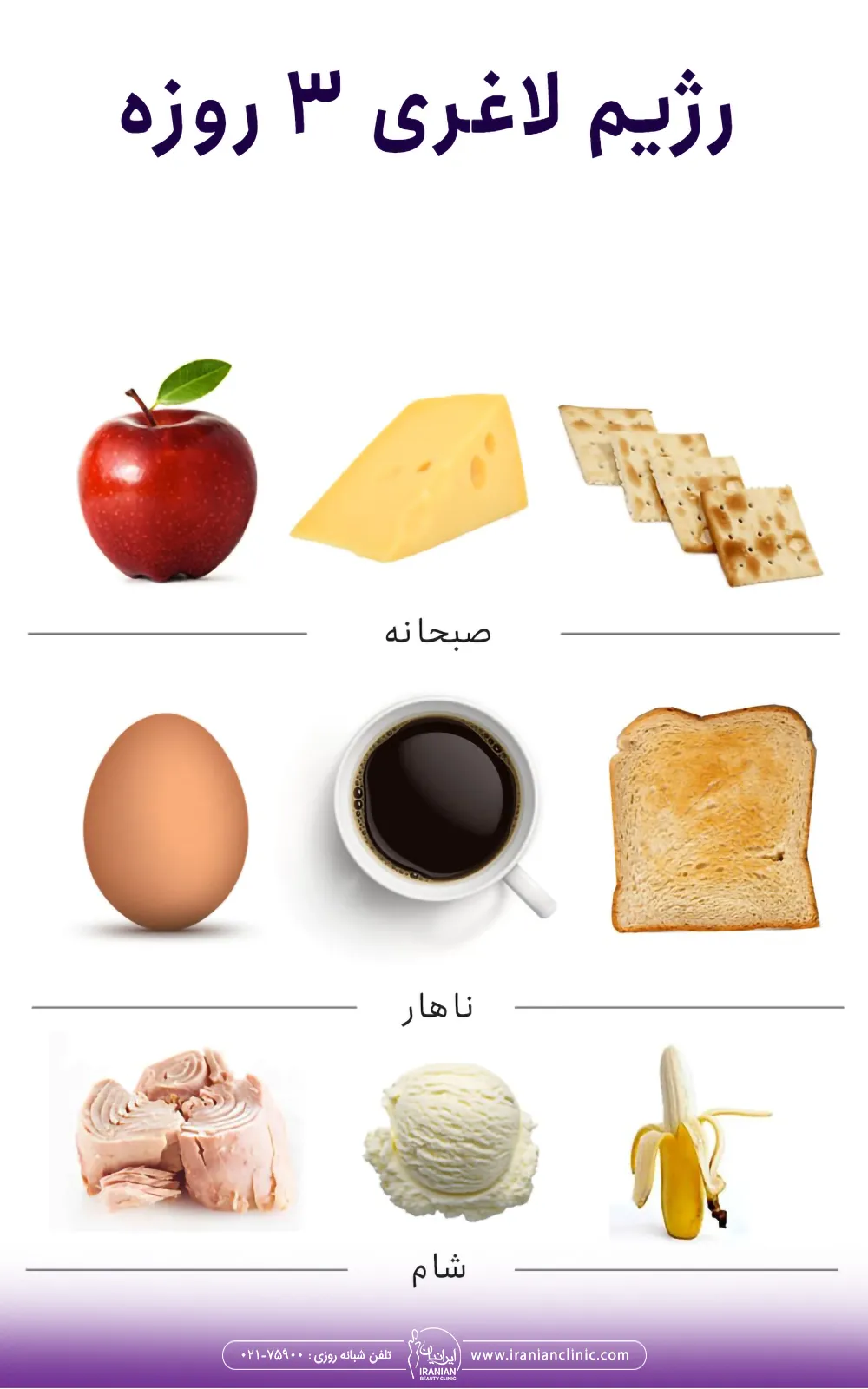 رژیم لاغری ۳ روزه و برنامه غذایی صبحانه و ناهار و شام- لاغری سریع