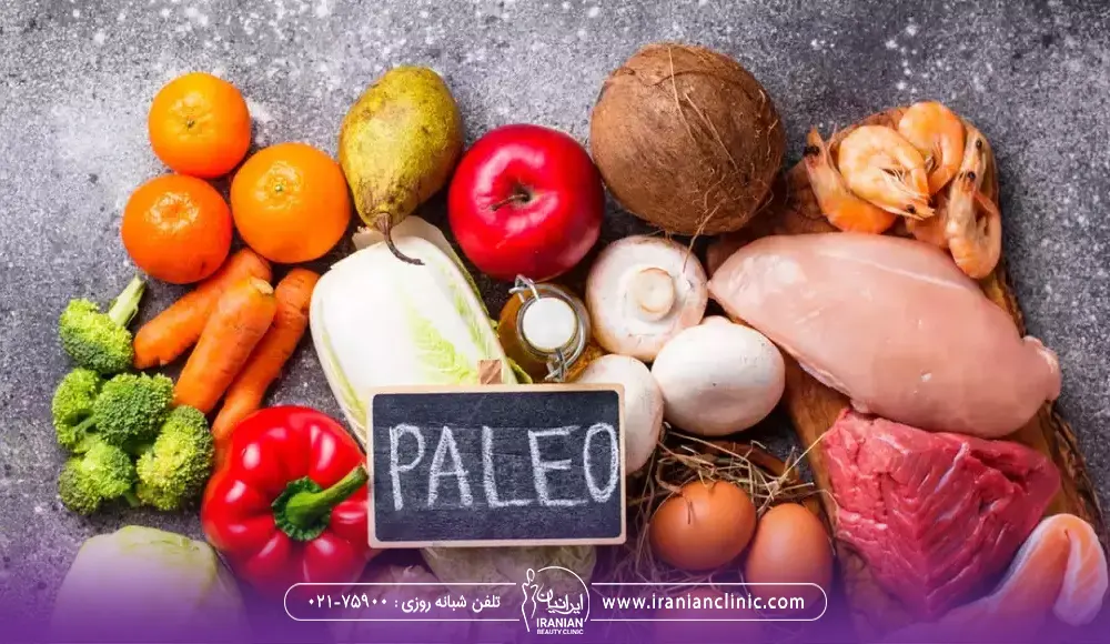 عکس محتویات رژیم paleo مثل فلفل دلمه، هویج، پرتغال، مرغ، نارگیل، و گوشت قرمز و تخم مرغ - رژیم لاغری
