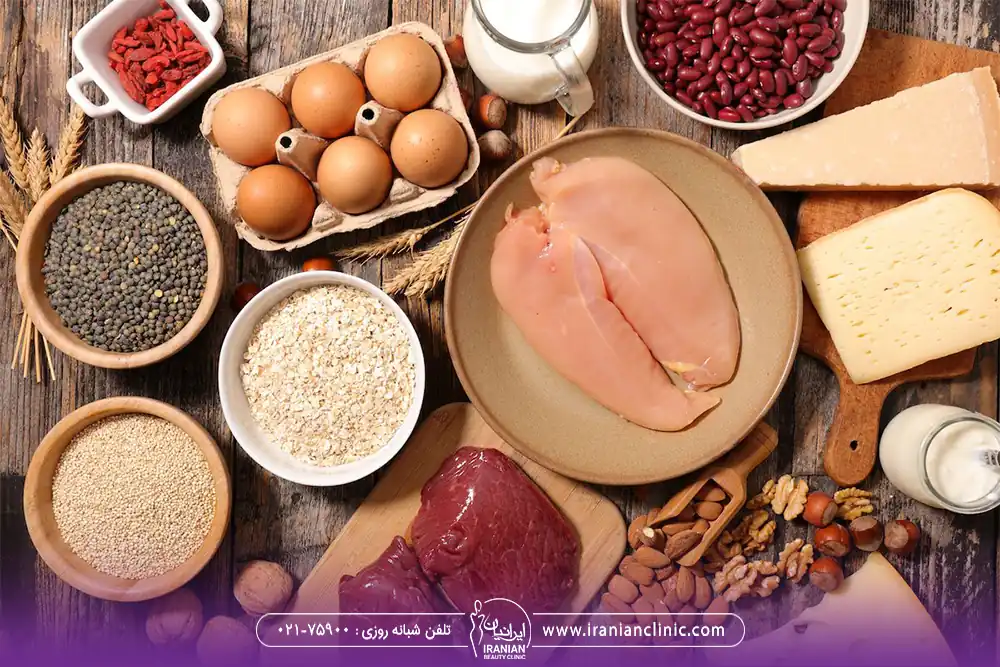 انواع مواد غذایی سرشار از پروتئین مثل بوقلمون، تخم مرغ، حبوبات