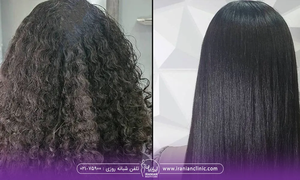 قبل و بعد موی یک خانم که بوتاکس مو انجام داده است 