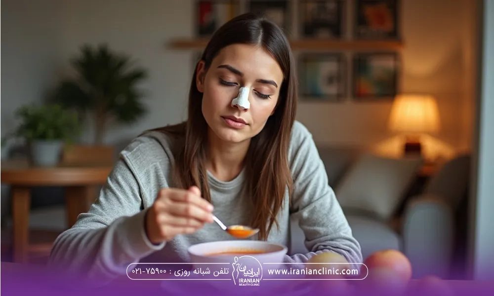 دختری که بینی اش را عمل کرده و در حال خوردن غذا می باشد