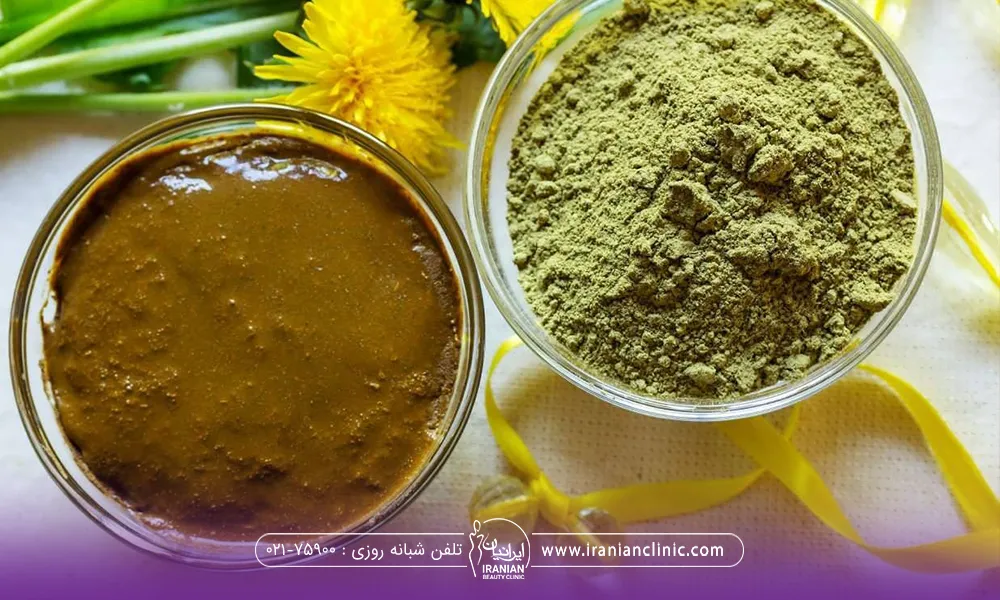 در تصویر دو کاسه که یکی پودر حنا است و دیگری حنای آماده است و کنار کاسه ها شاخه گل قرار دارد
