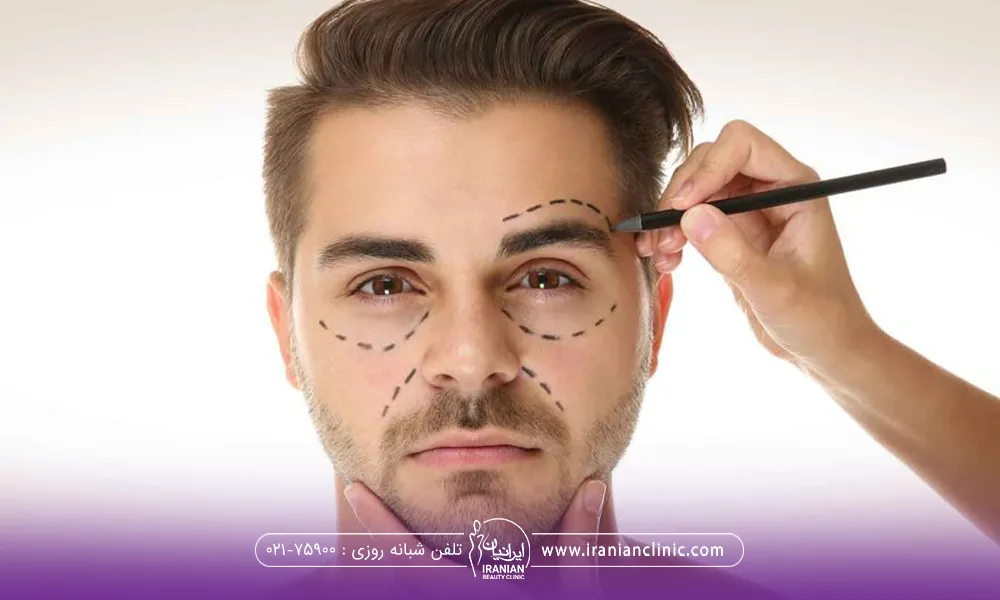 مردی که به رو به رو نگاه میکند و دستی که در حال ترسیم خطوط مقطع روی صورت مرد است