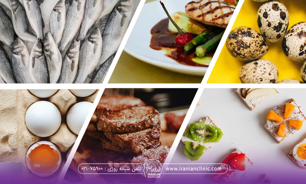 در تصویر مقداری مواد خوارکی مثل ماهی، تخم مرغ، گوشت و میوه جات کنار هم قرار گرفته اند